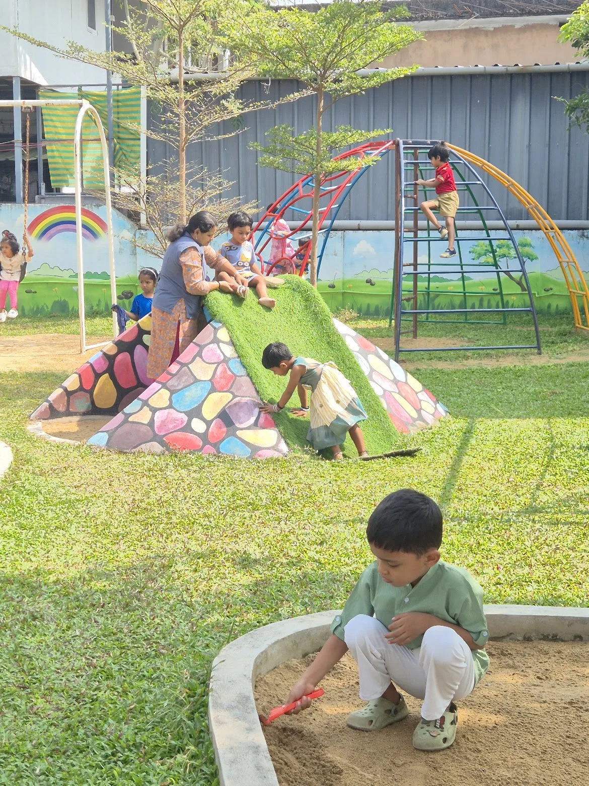 Colourful playground climbing equipment
