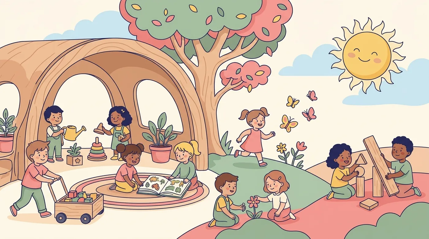 Illustration of happy children learning and playing together at The Little Graduates